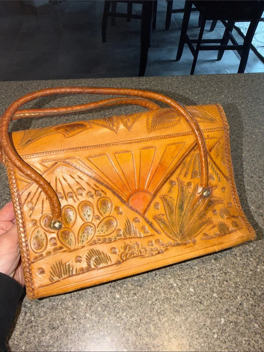 Hand-Tooled Leather Satchel Handbag in Tan with Red Accent